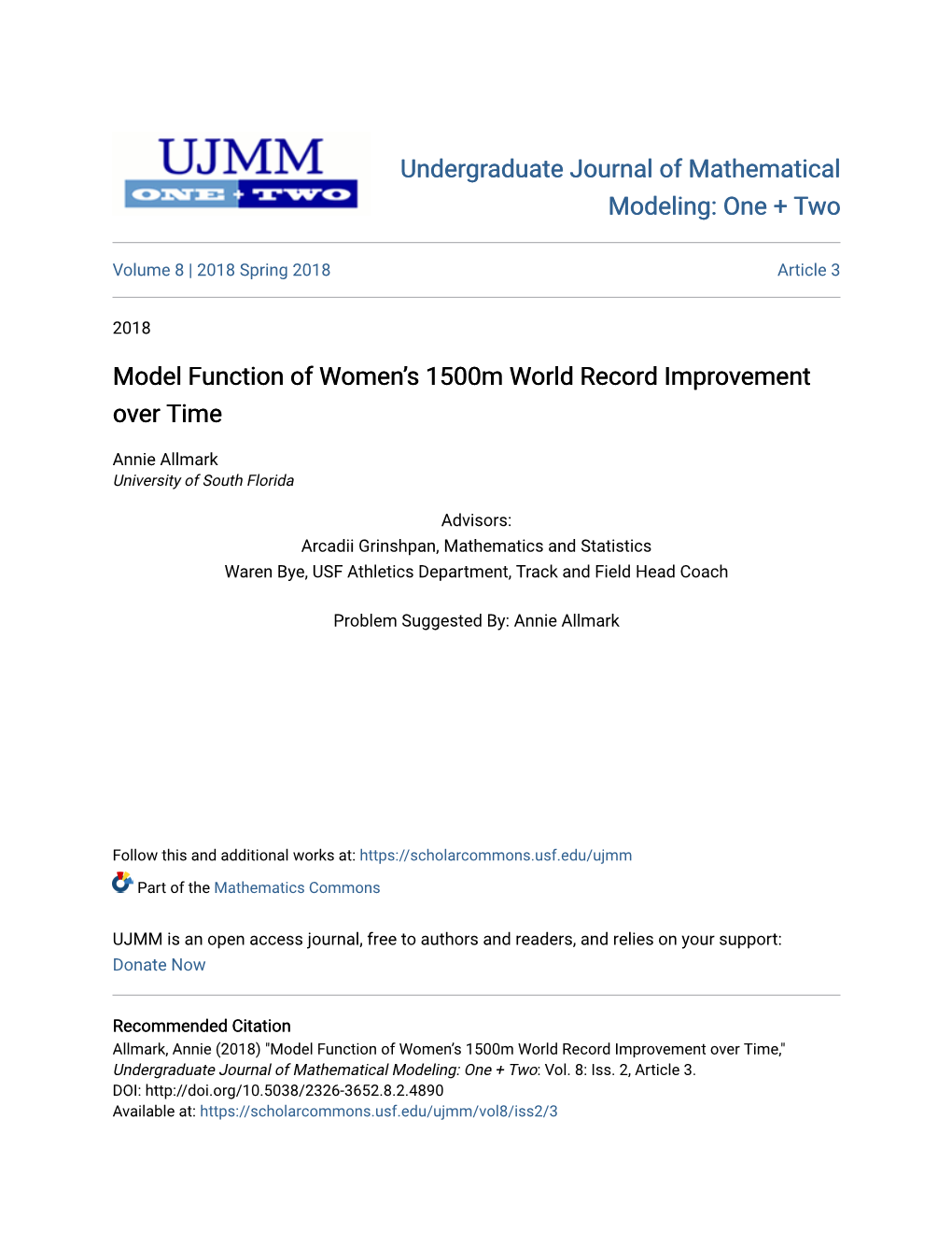 Model Function of Women's 1500M World Record Improvement Over Time