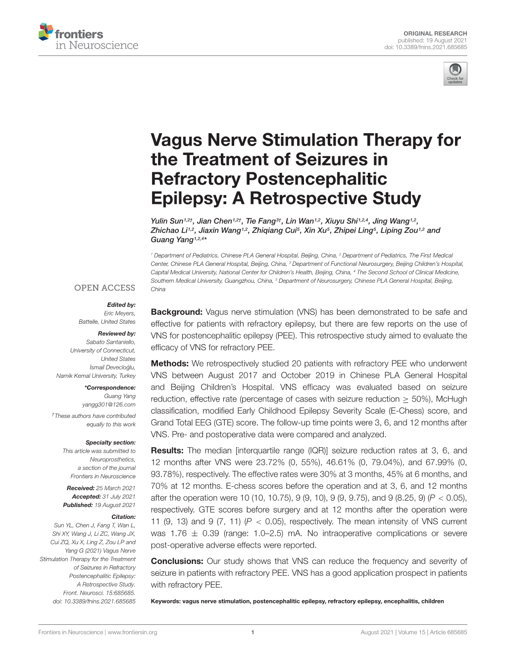 Vagus Nerve Stimulation Therapy for the Treatment of Seizures in Refractory Postencephalitic Epilepsy: a Retrospective Study