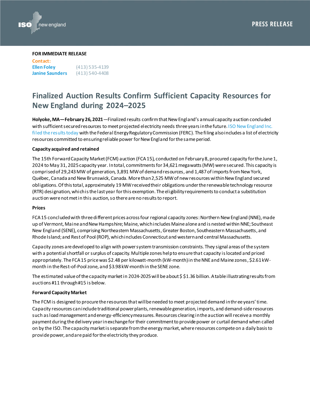 Finalized Auction Results Confirm Sufficient Capacity Resources for New England During 2024–2025