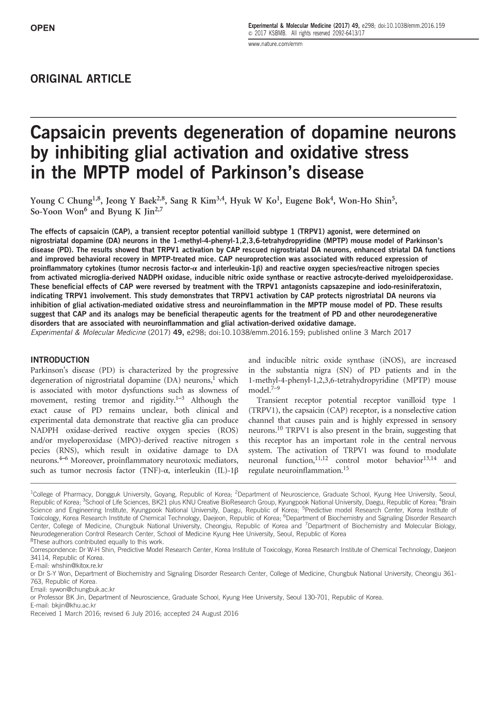 Capsaicin Prevents Degeneration of Dopamine Neurons by Inhibiting Glial Activation and Oxidative Stress in the MPTP Model of Parkinson’S Disease