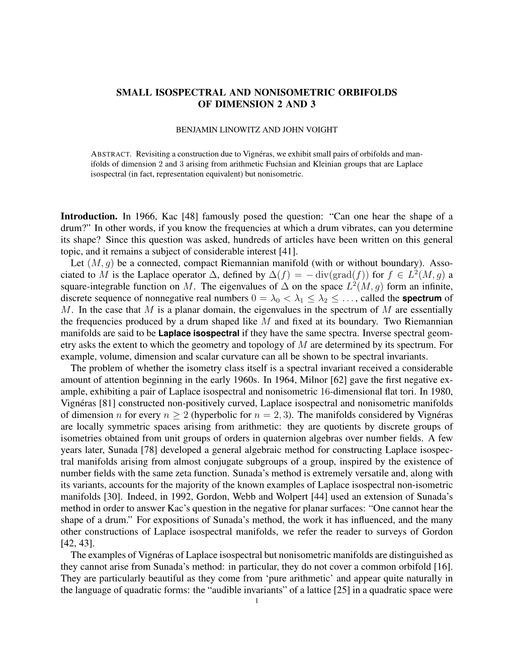 SMALL ISOSPECTRAL and NONISOMETRIC ORBIFOLDS of DIMENSION 2 and 3 Introduction. in 1966