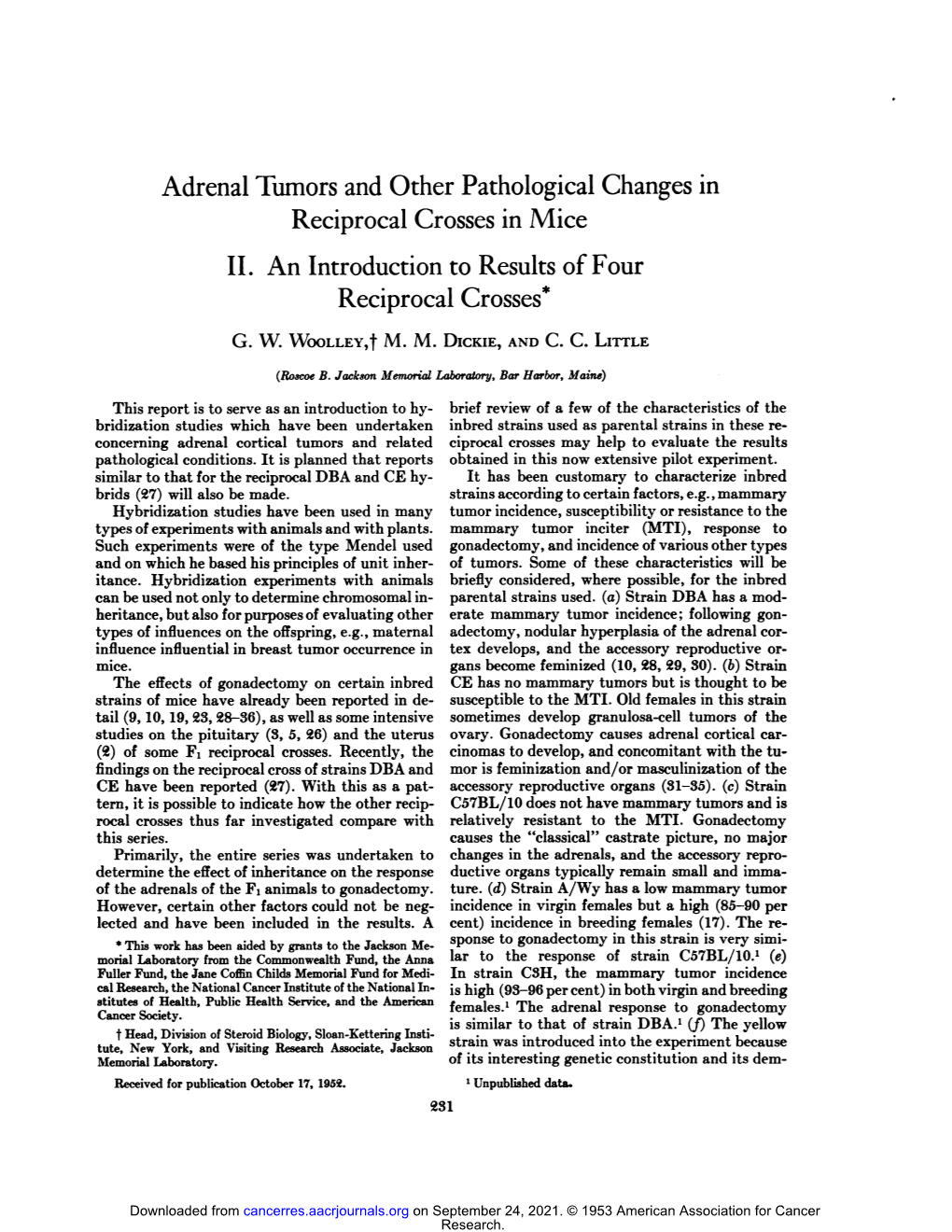 Adrenal Tumors and Other Pathological Changes in Reciprocal Crosses in Mice II