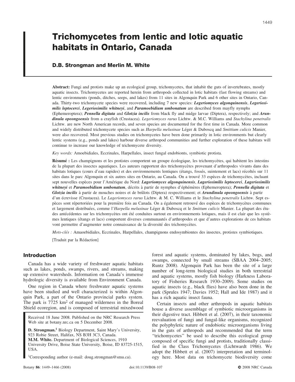 Trichomycetes from Lentic and Lotic Aquatic Habitats in Ontario, Canada