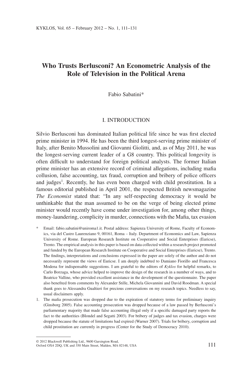 Who Trusts Berlusconi? an Econometric Analysis of the Role of Television in the Political Arena
