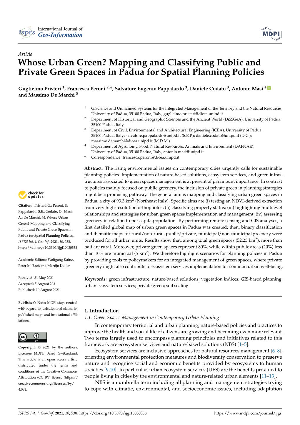 Whose Urban Green? Mapping and Classifying Public and Private Green Spaces in Padua for Spatial Planning Policies