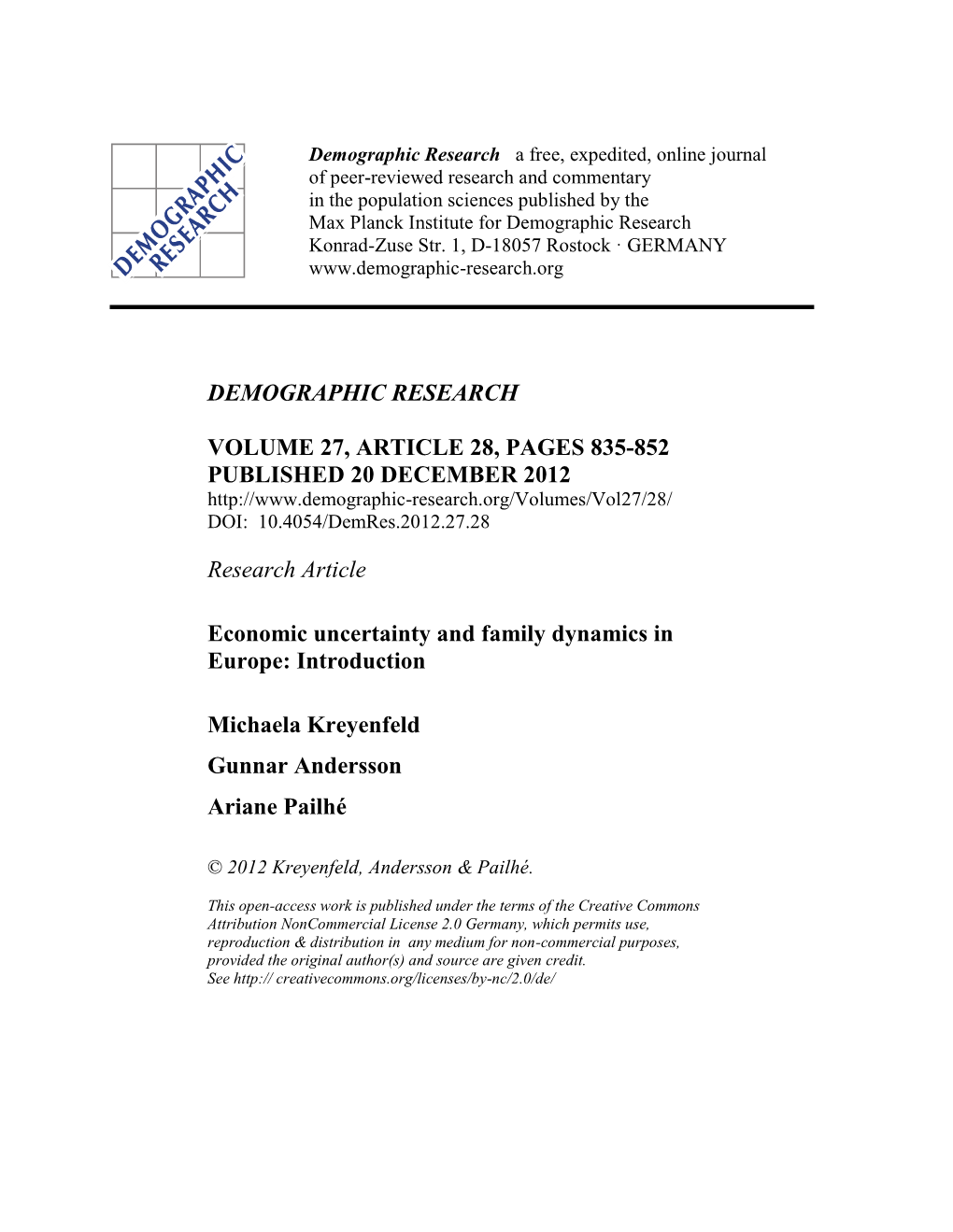 Economic Uncertainty and Family Dynamics in Europe: Introduction