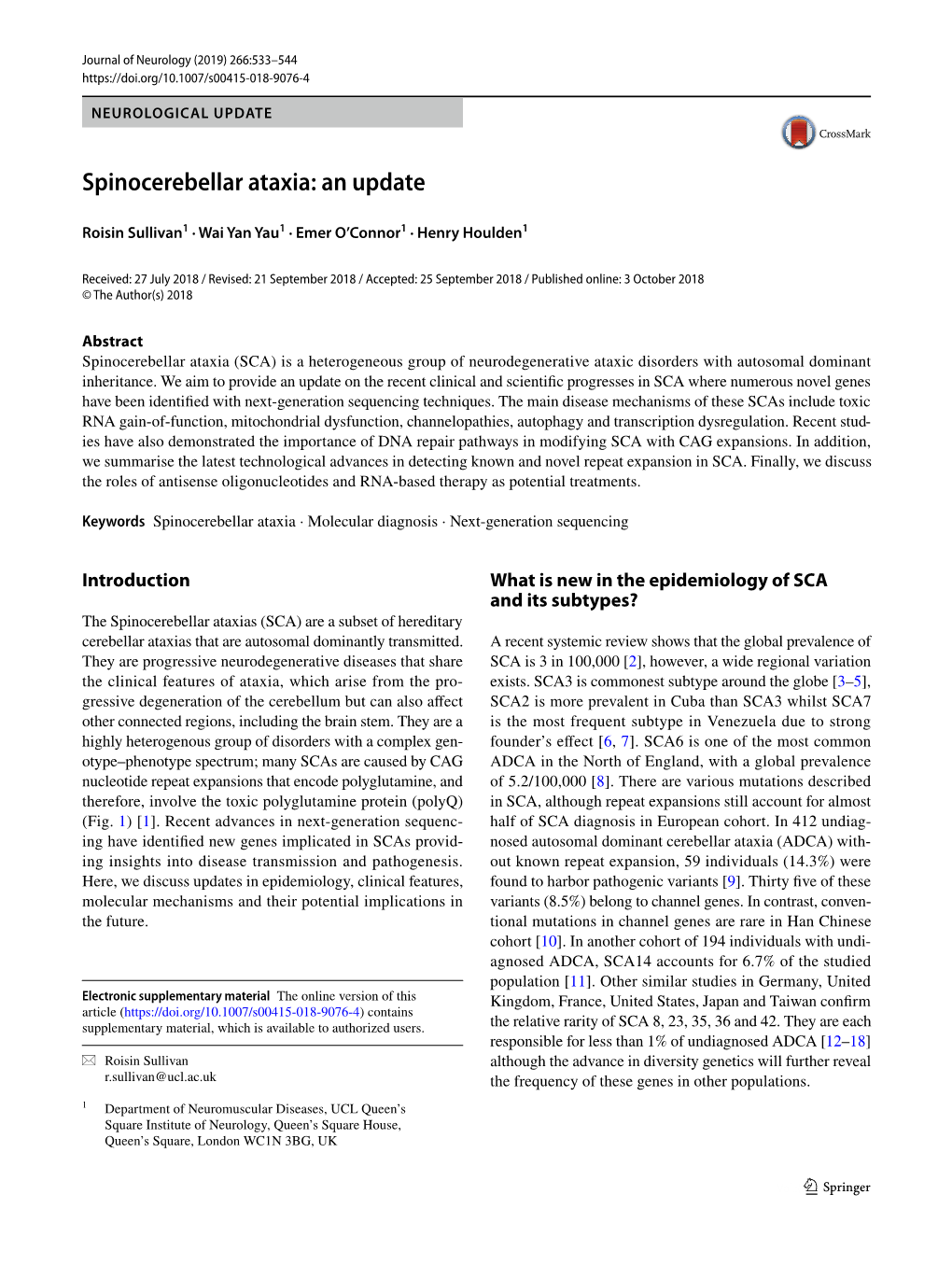 Spinocerebellar Ataxia: an Update