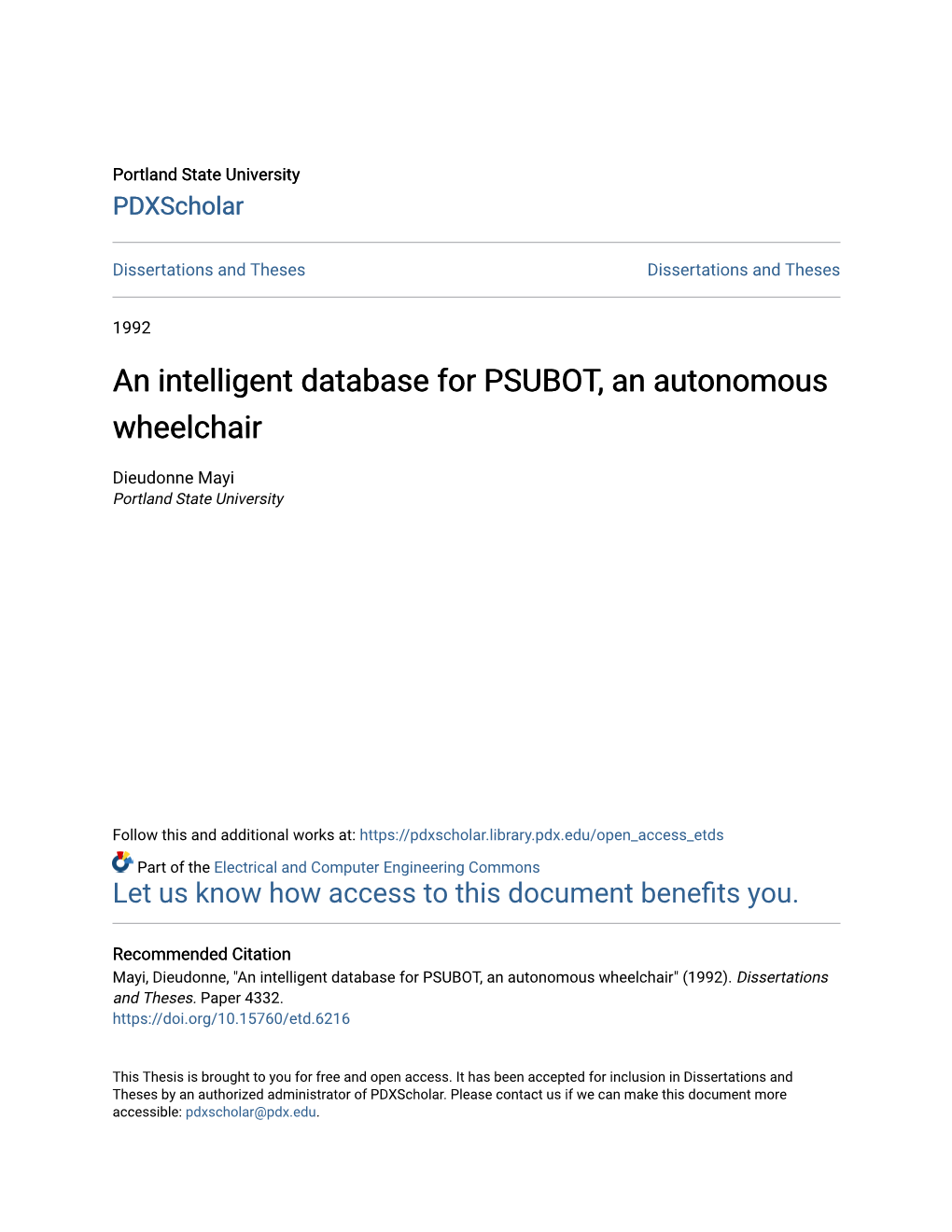 An Intelligent Database for PSUBOT, an Autonomous Wheelchair