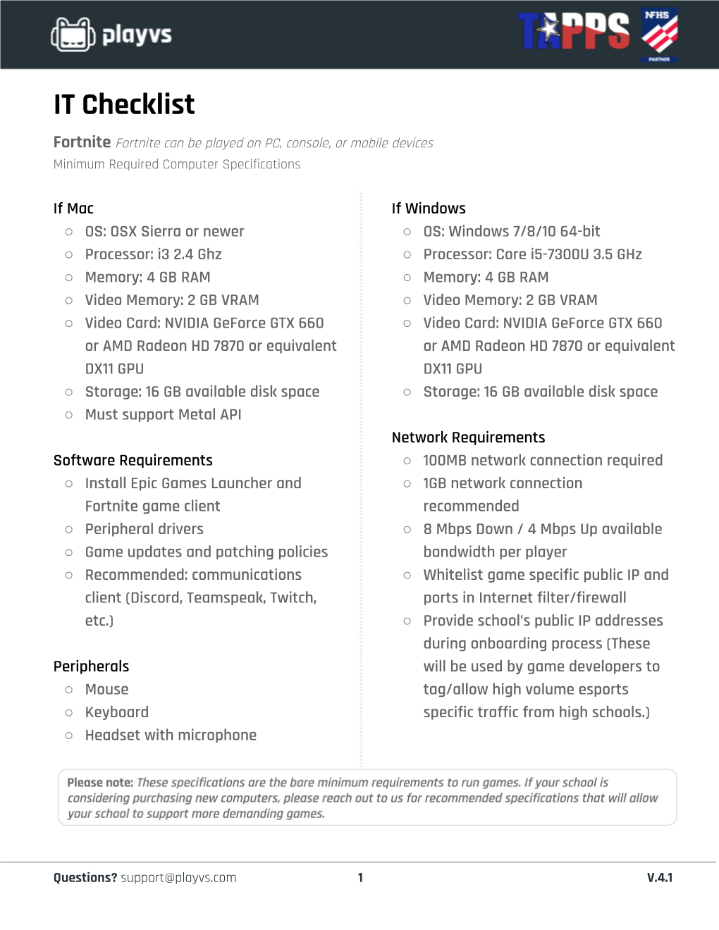 Hardware / Network Specifications