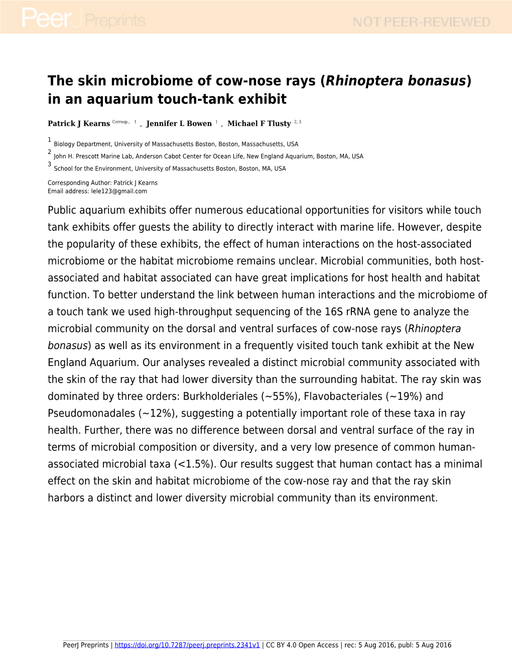 The Skin Microbiome of Cow-Nose Rays ([I]Rhinoptera Bonasus[I])