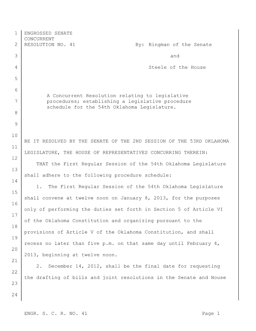 Concurrent Resolution Establishing a Legislative Procedure Schedules For