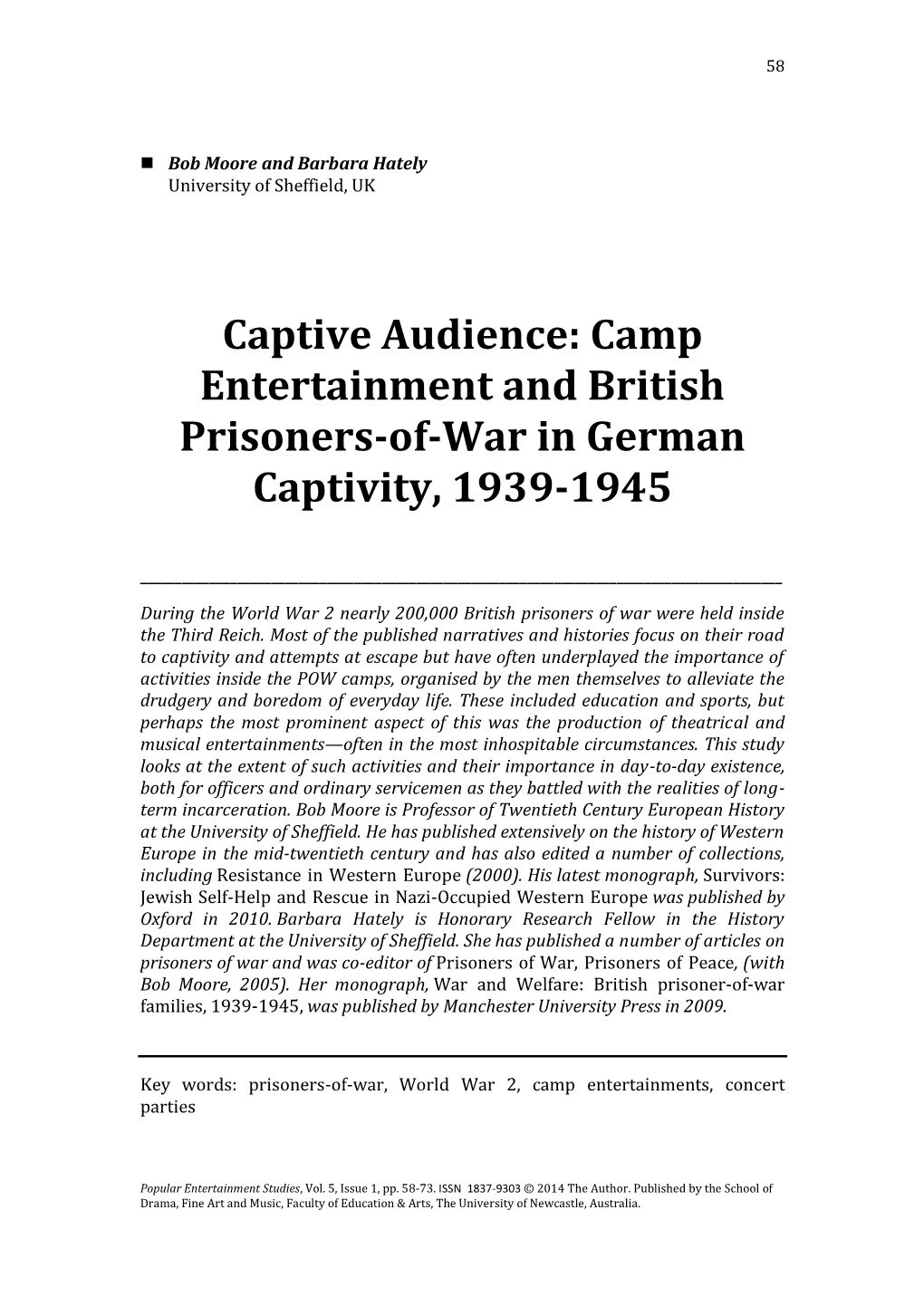 Camp Entertainment and British Prisoners-Of-War in German Captivity, 1939-1945