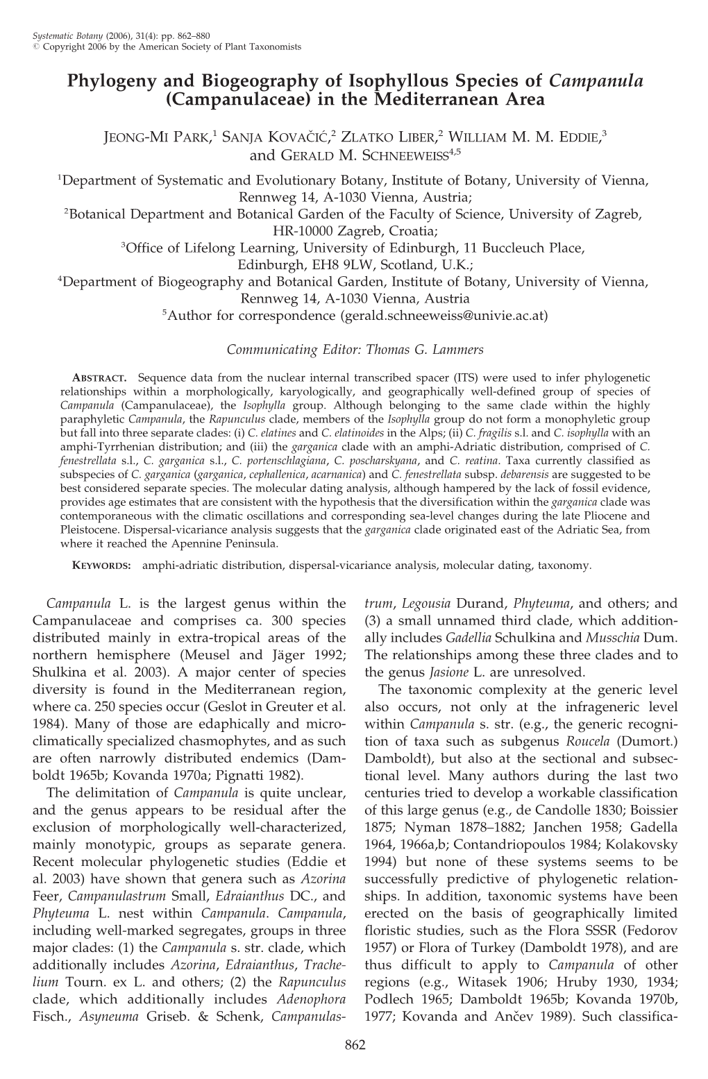 Phylogeny and Biogeography of Isophyllous Species of Campanula (Campanulaceae) in the Mediterranean Area