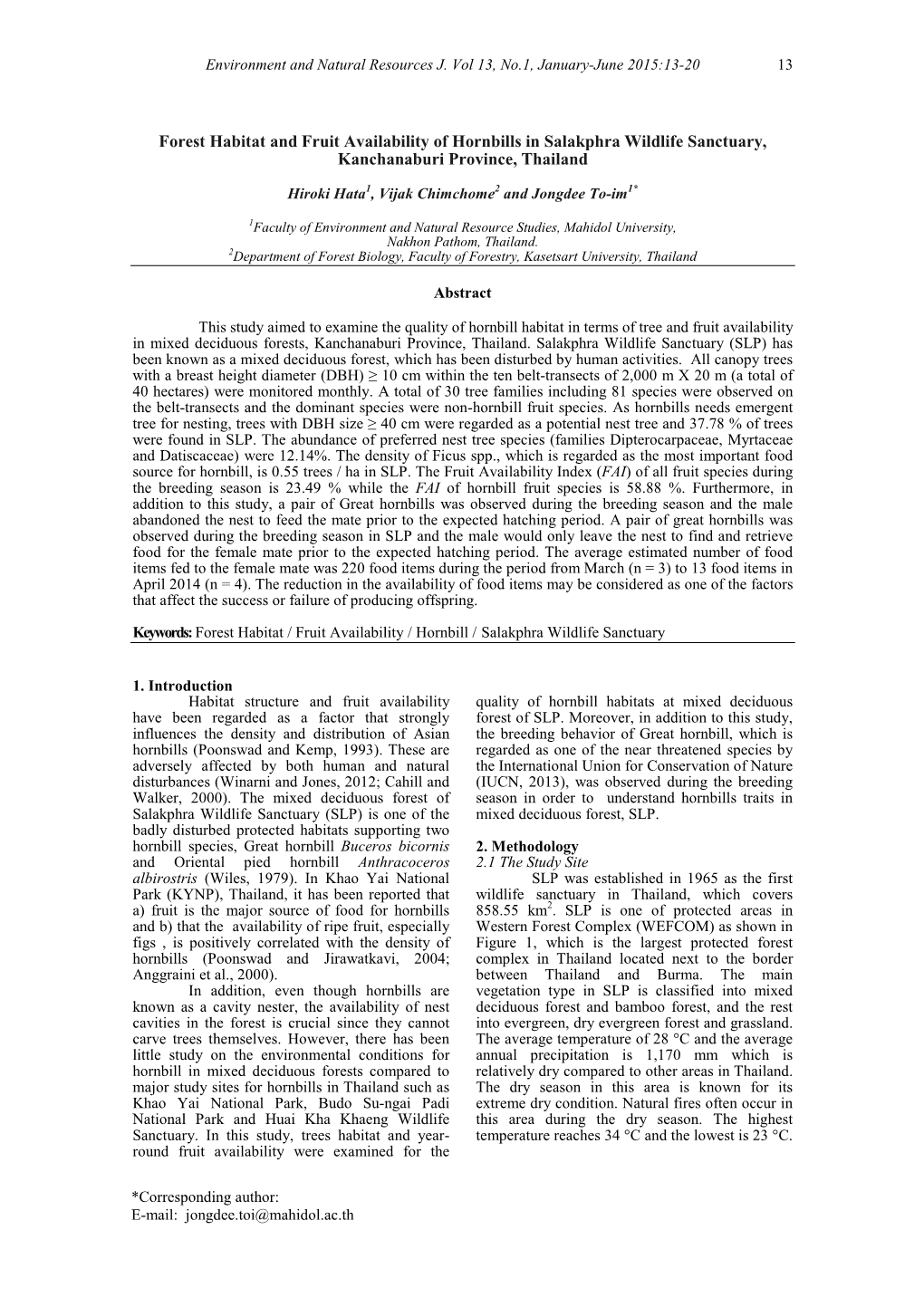 Forest Habitat and Fruit Availability of Hornbills in Salakphra Wildlife Sanctuary, Kanchanaburi Province, Thailand