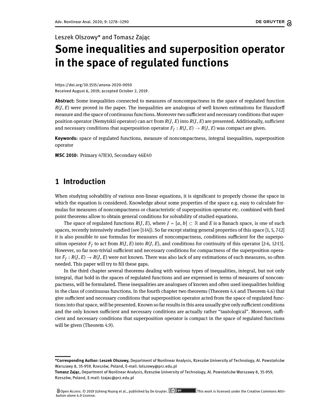 Some Inequalities and Superposition Operator in the Space of Regulated Functions