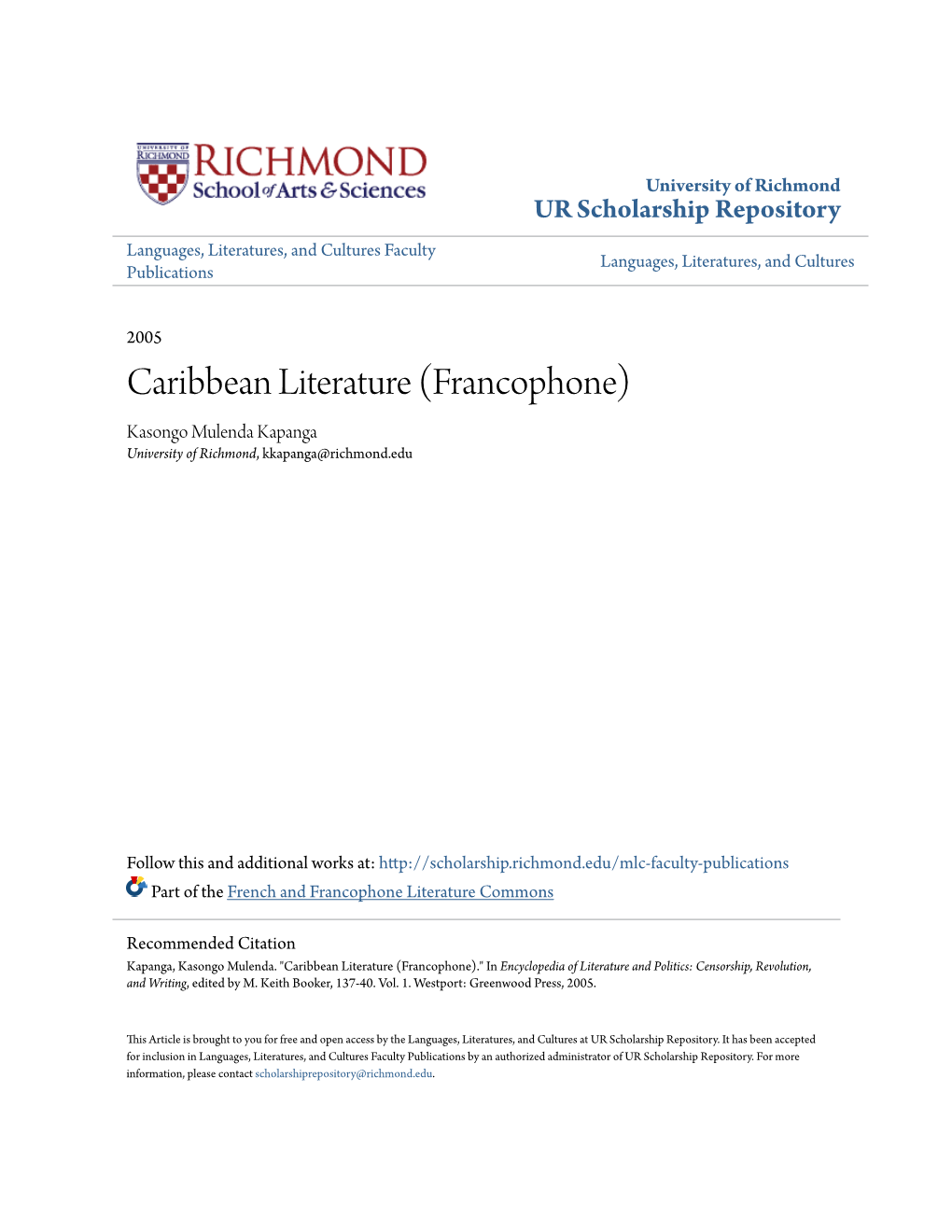 Caribbean Literature (Francophone) Kasongo Mulenda Kapanga University of Richmond, Kkapanga@Richmond.Edu