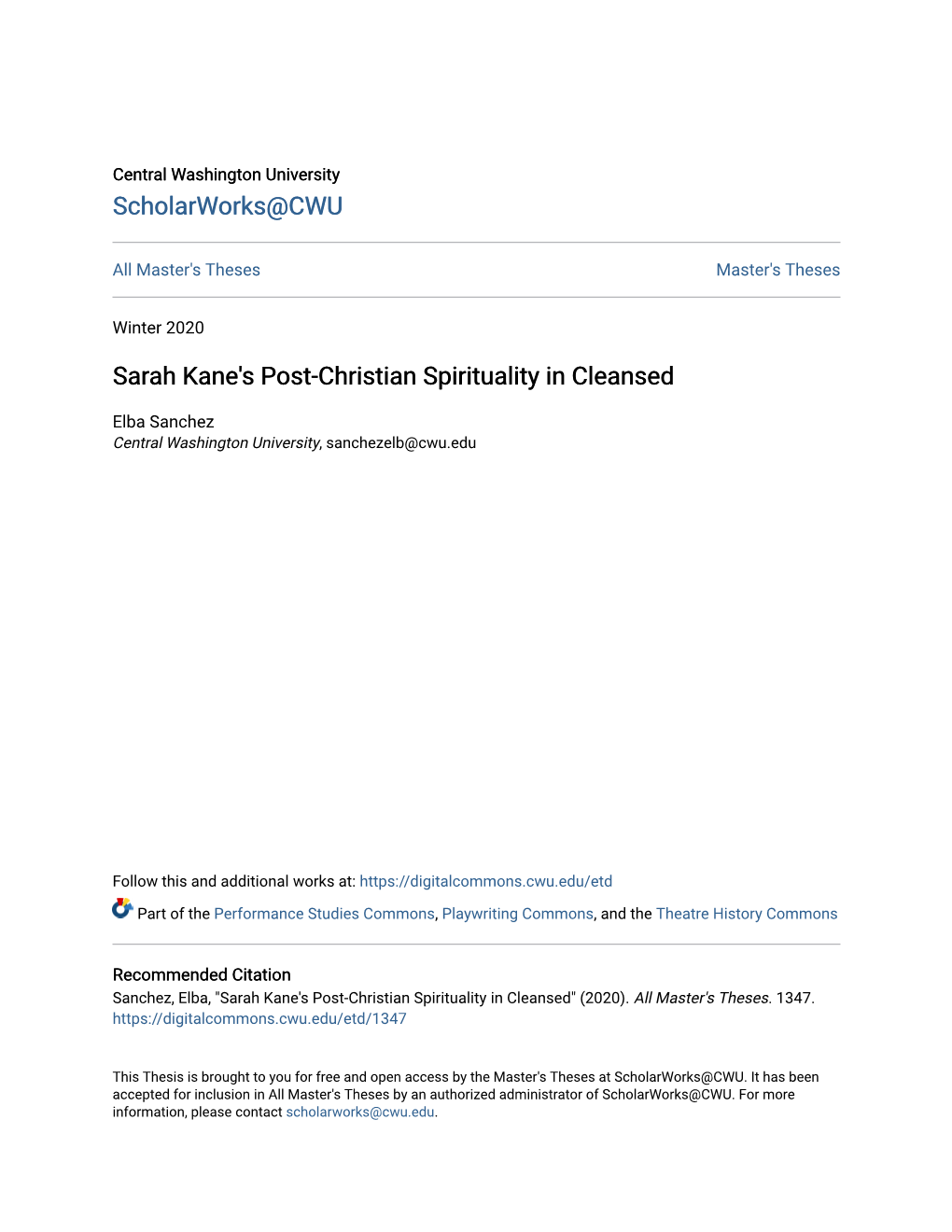 Sarah Kane's Post-Christian Spirituality in Cleansed