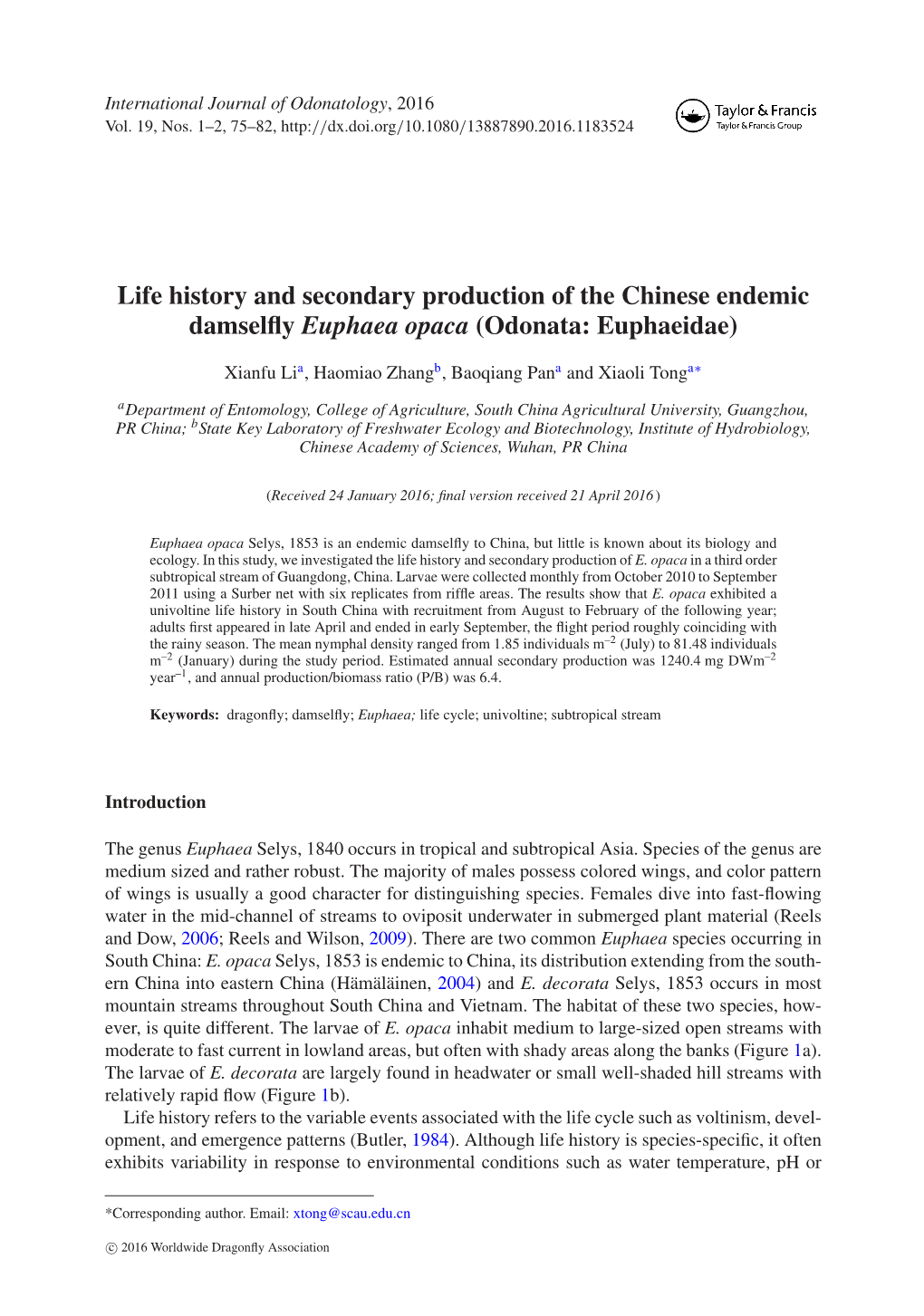 Life History and Secondary Production of the Chinese Endemic Damselfly