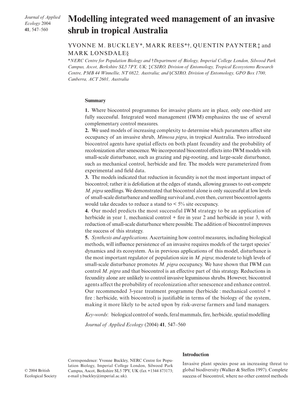 Modelling Integrated Weed Management of an Invasive 41, 547–560 Shrub in Tropical Australia