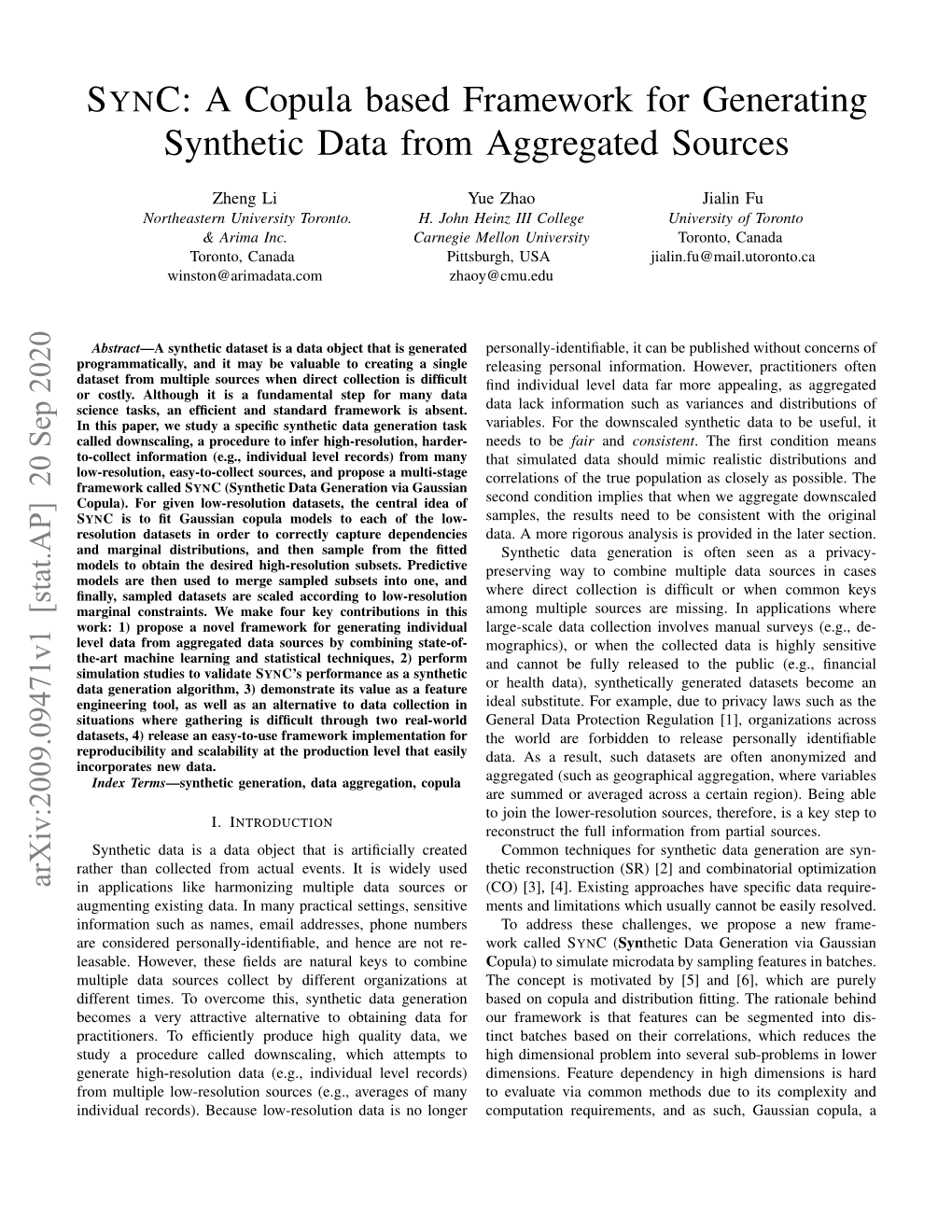 SYNC: a Copula Based Framework for Generating Synthetic Data from Aggregated Sources