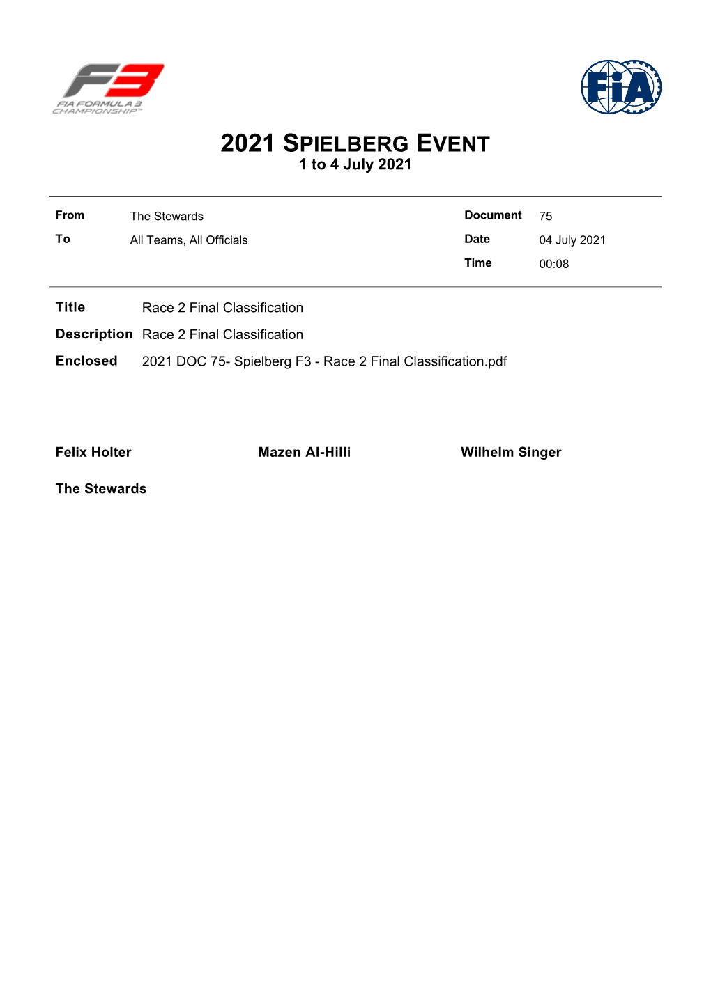 Final Classification Description Race 2 Final Classification Enclosed 2021 DOC 75- Spielberg F3 - Race 2 Final Classification.Pdf