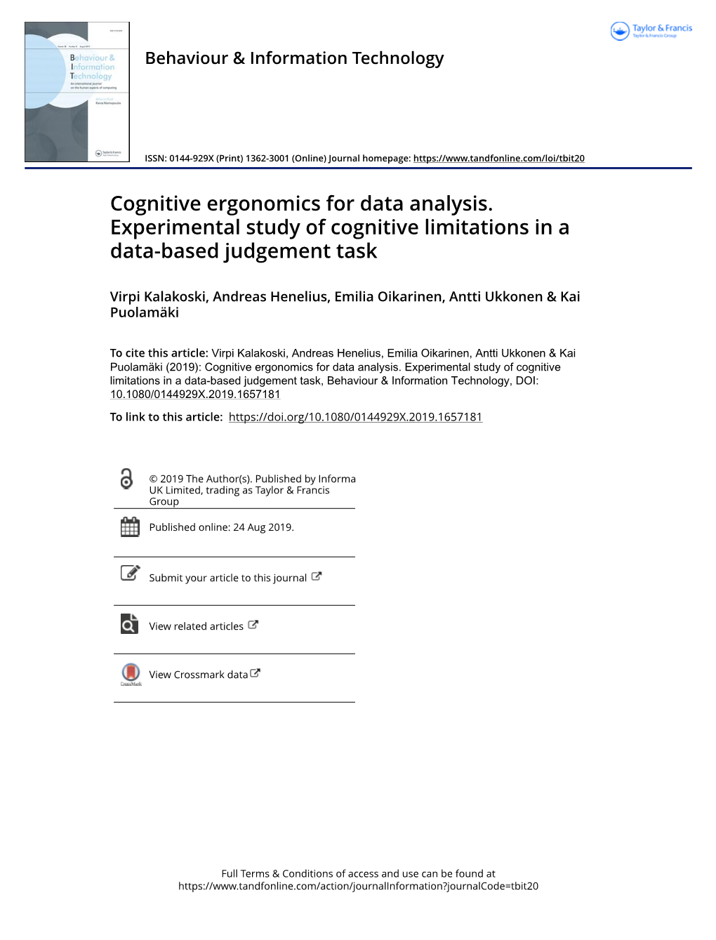 Cognitive Ergonomics for Data Analysis. Experimental Study of Cognitive Limitations in a Data-Based Judgement Task