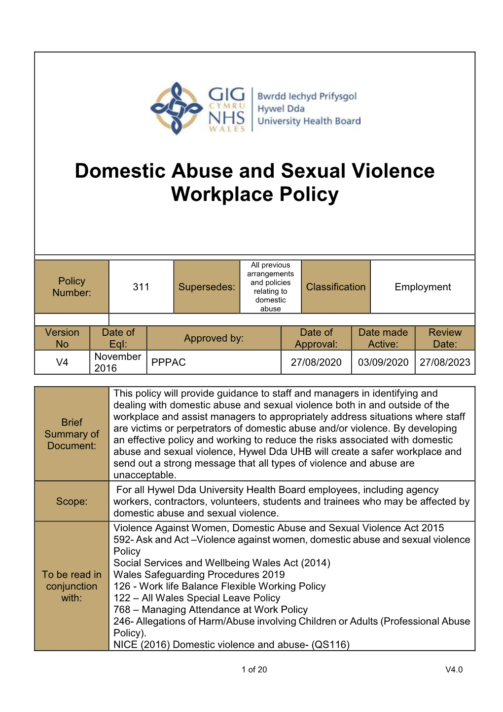 Domestic Abuse and Sexual Violence Workplace Policy