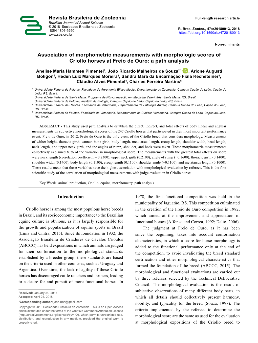 Revista Brasileira De Zootecnia Full-Length Research Article Brazilian Journal of Animal Science © 2018 Sociedade Brasileira De Zootecnia ISSN 1806-9290 R