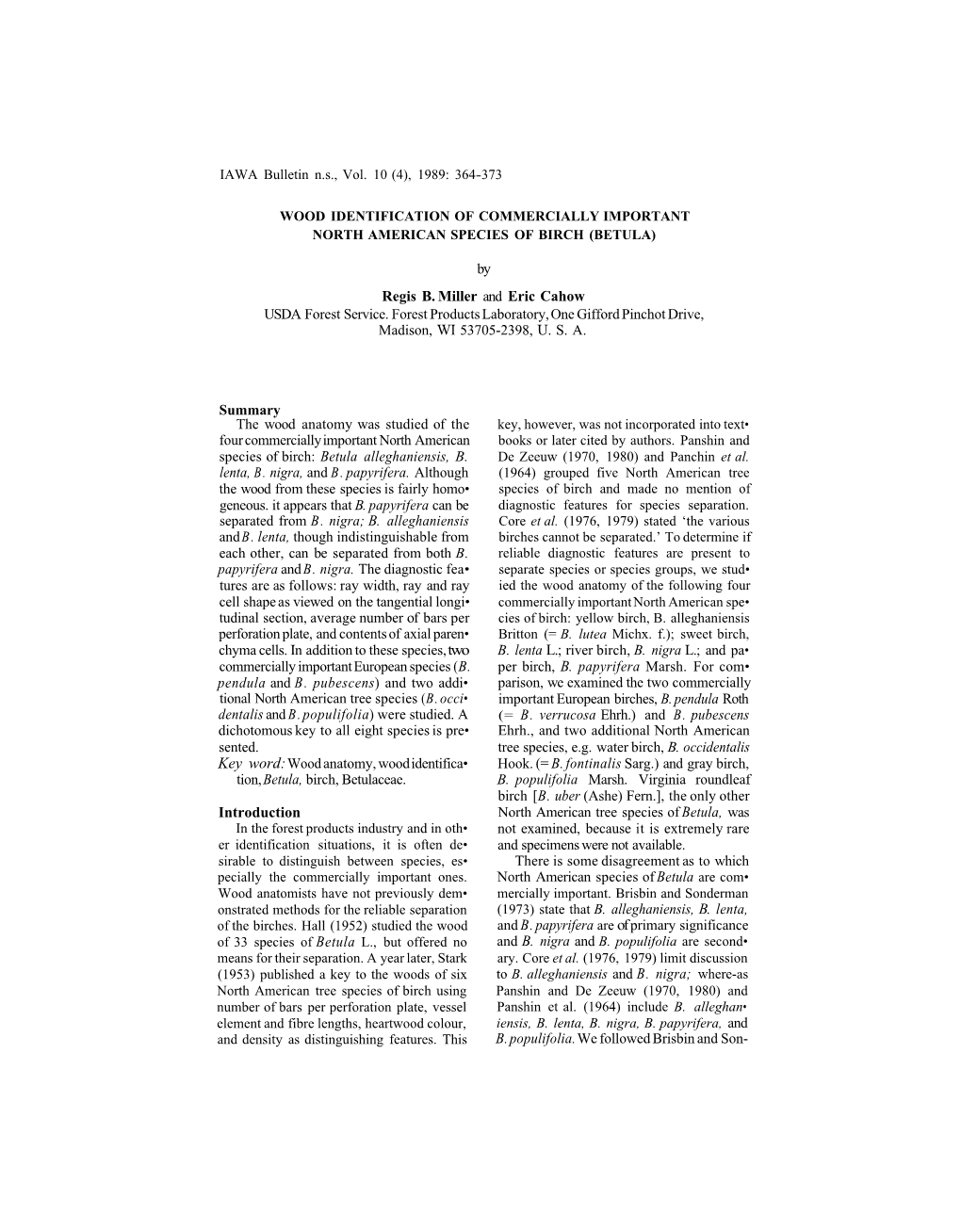 Wood Identification of Commercially Important North American Species of Birch (Betula)