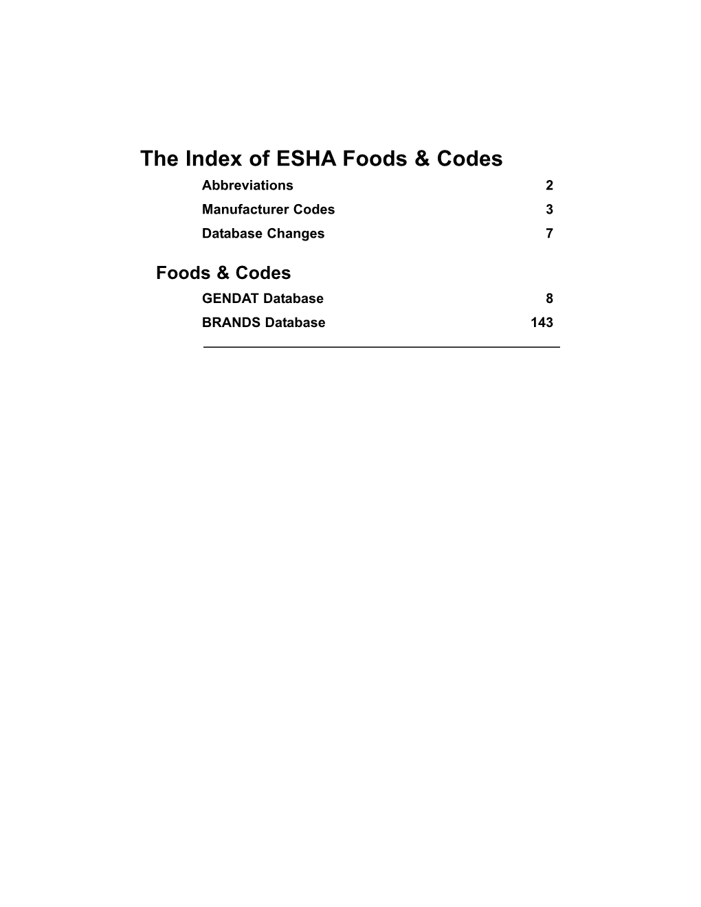 The Index of ESHA Foods & Codes