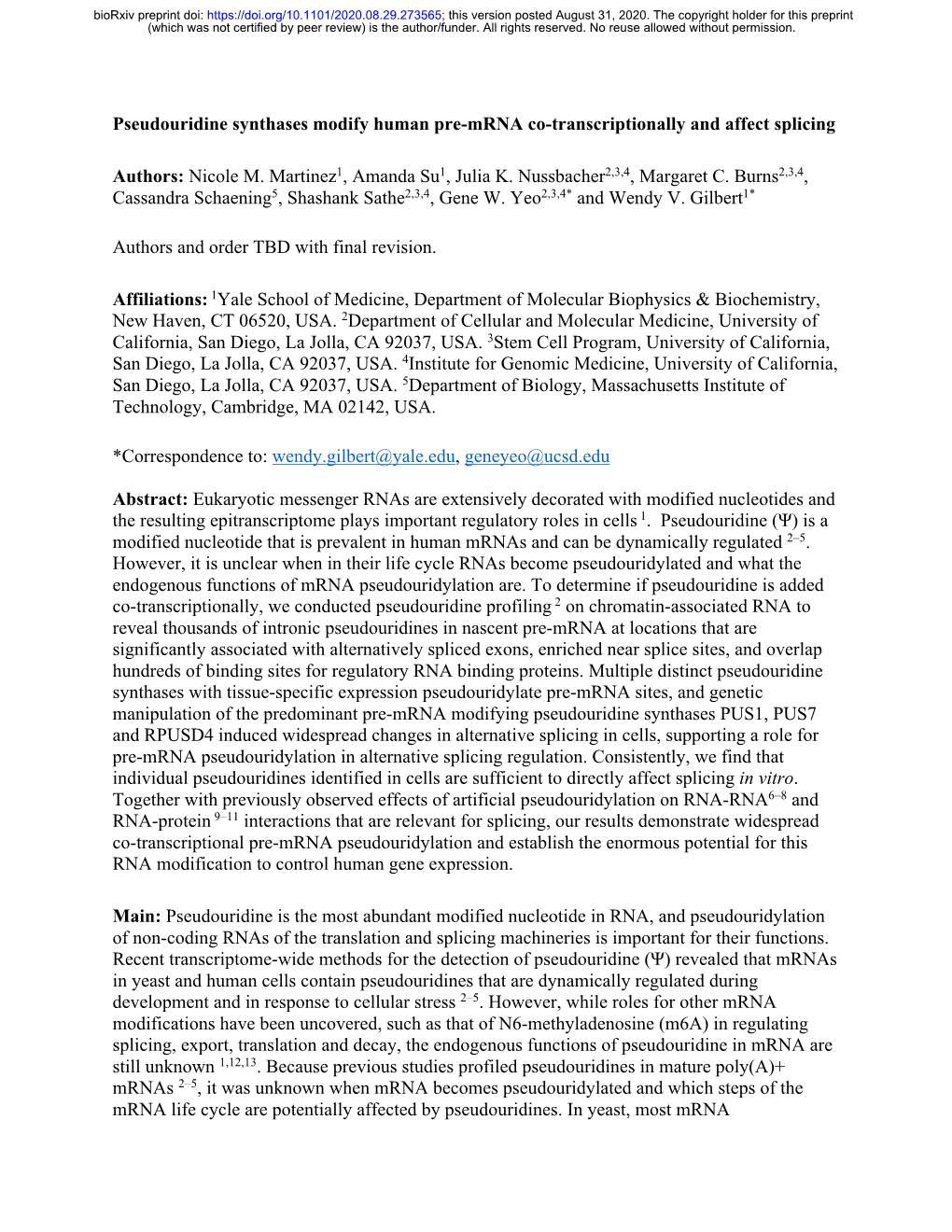 Pseudouridine Synthases Modify Human Pre-Mrna Co-Transcriptionally and Affect Splicing