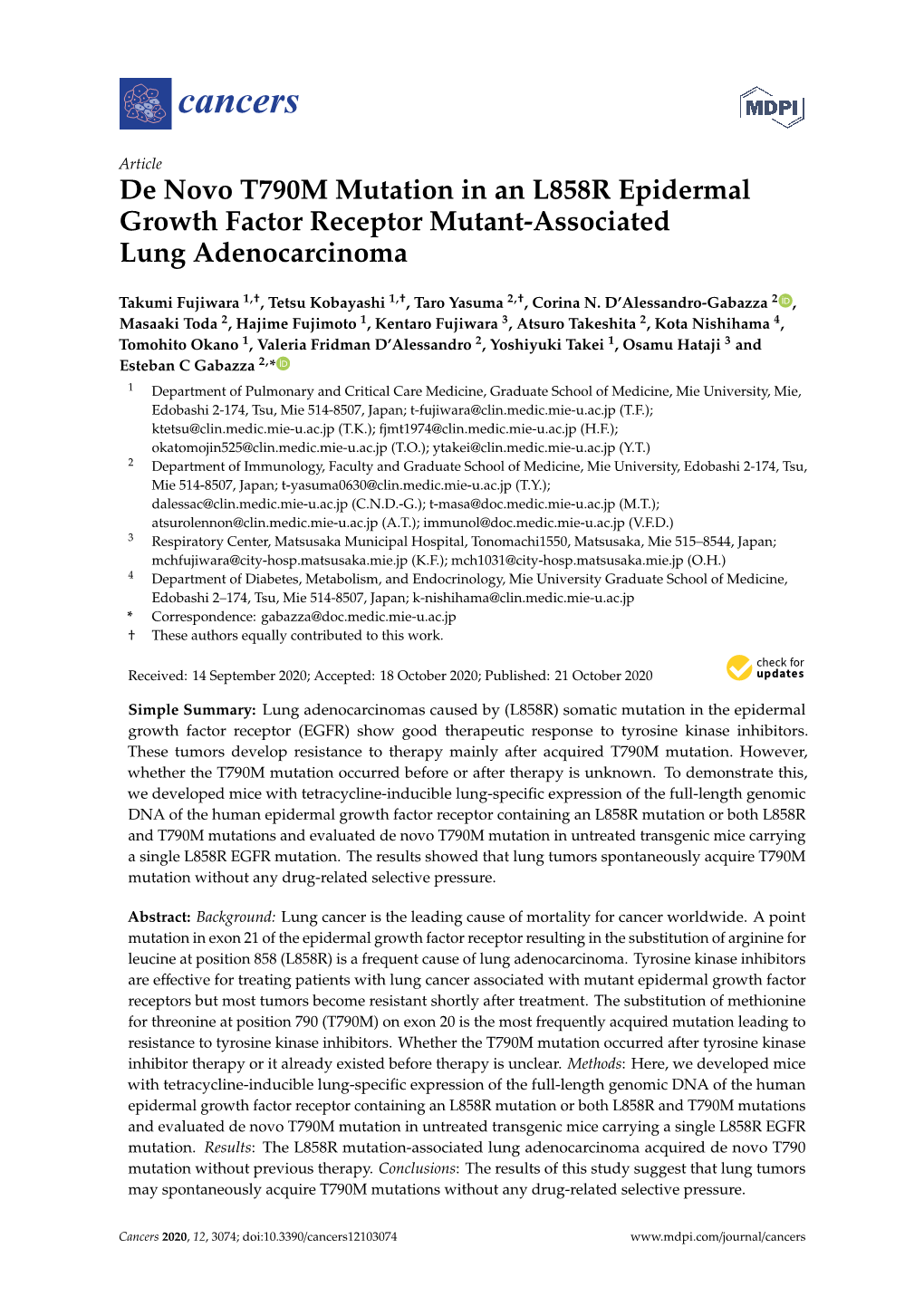 De Novo T790M Mutation in an L858R Epidermal Growth Factor Receptor Mutant-Associated Lung Adenocarcinoma