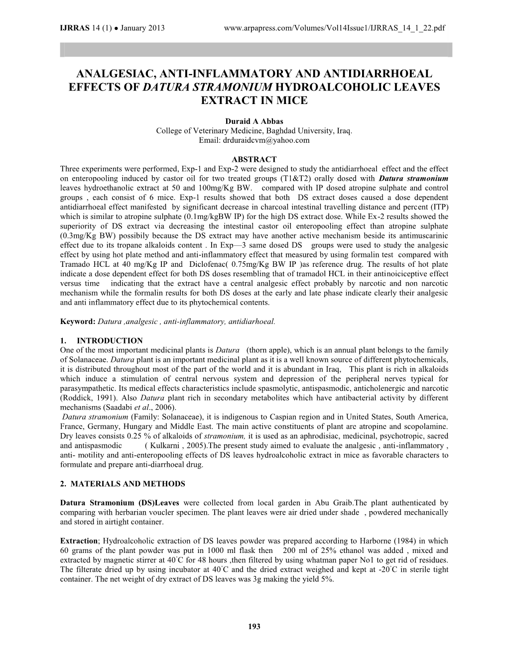 Analgesiac, Anti-Inflammatory and Antidiarrhoeal Effects of Datura Stramonium Hydroalcoholic Leaves Extract in Mice