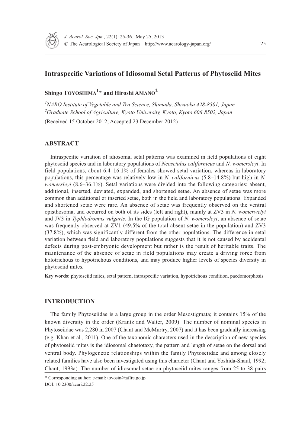 Intraspecific Variations of Idiosomal Setal Patterns of Phytoseiid Mites