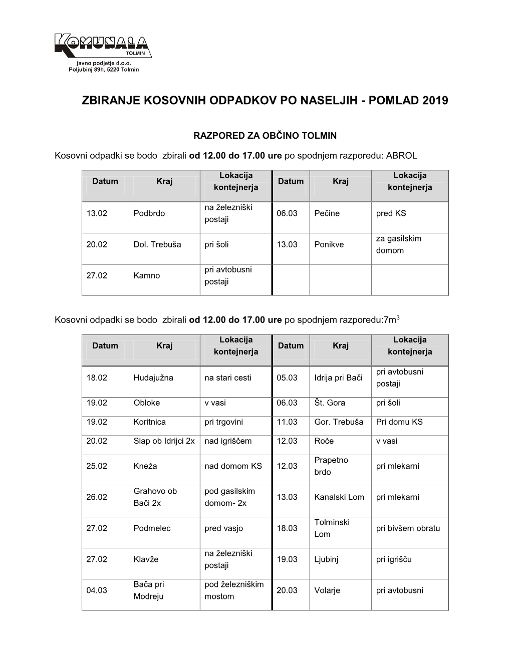 Zbiranje Kosovnih Odpadkov Po Naseljih - Pomlad 2019