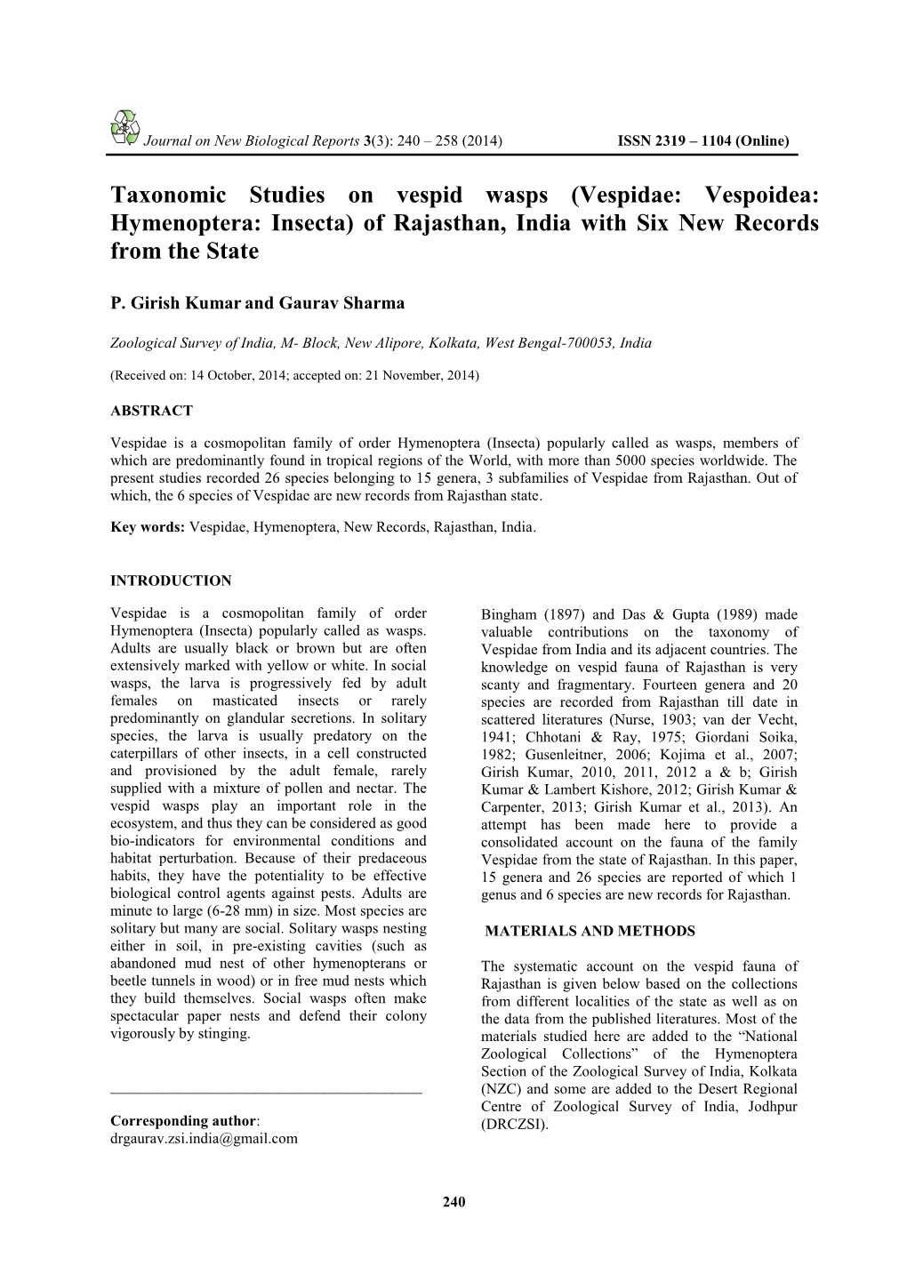 Taxonomic Studies on Vespid Wasps (Vespidae: Vespoidea: Hymenoptera: Insecta) of Rajasthan, India with Six New Records from the State