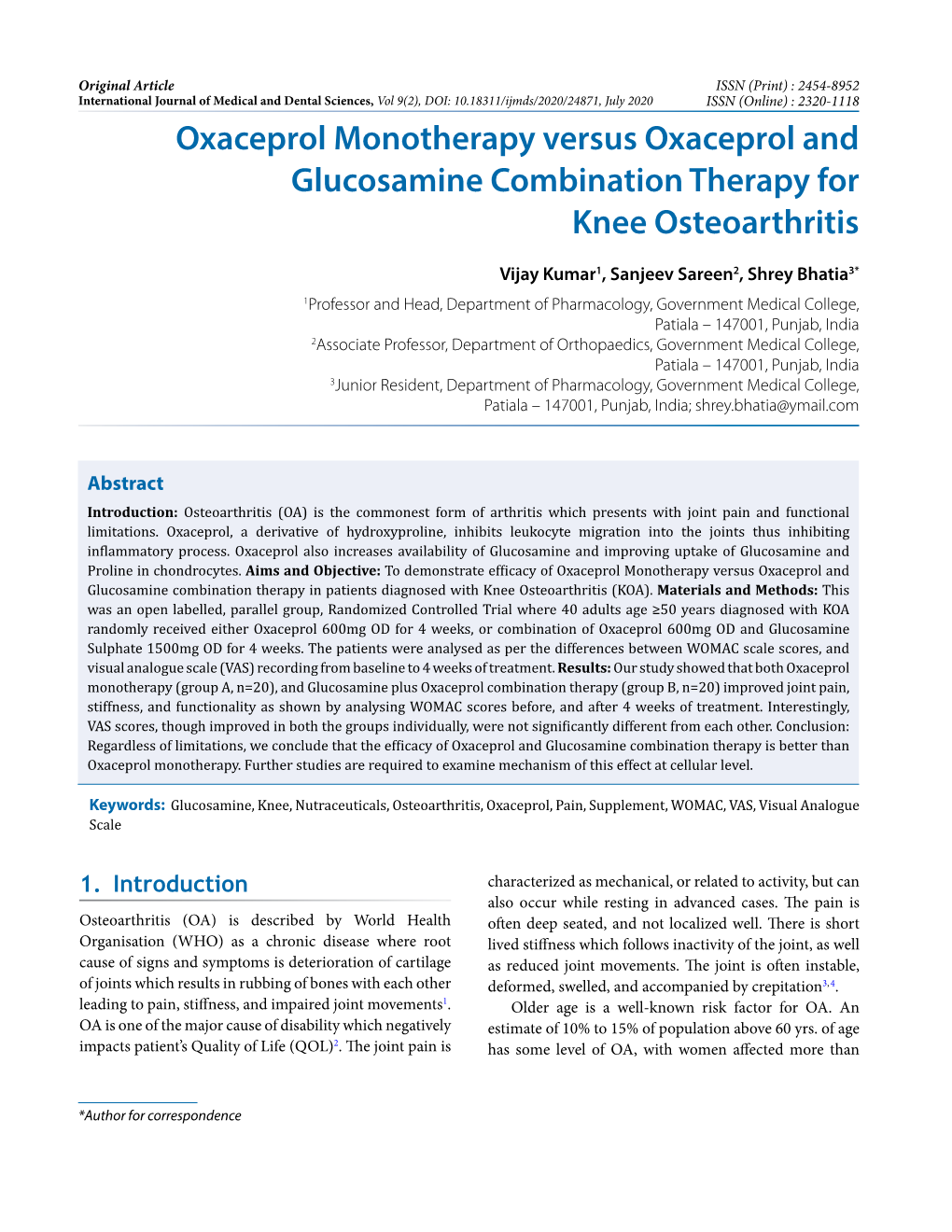 Oxaceprol Monotherapy Versus Oxaceprol and Glucosamine Combination Therapy for Knee Osteoarthritis