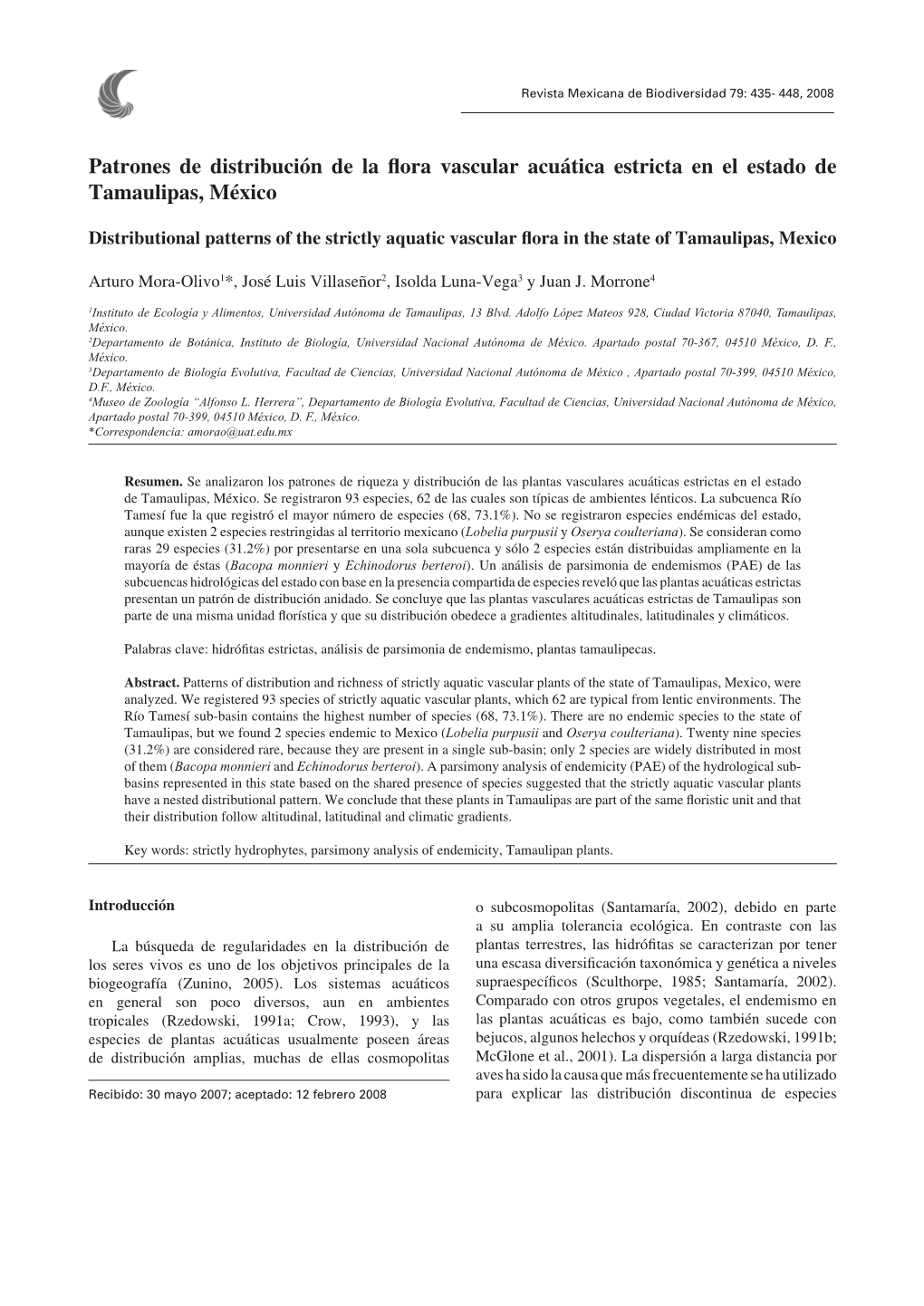 Patrones De Distribución De La Flora Vascular Acuática Estricta En El