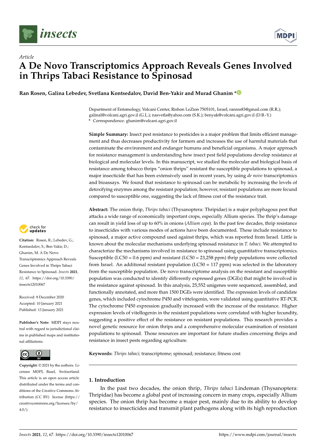 A De Novo Transcriptomics Approach Reveals Genes Involved in Thrips Tabaci Resistance to Spinosad