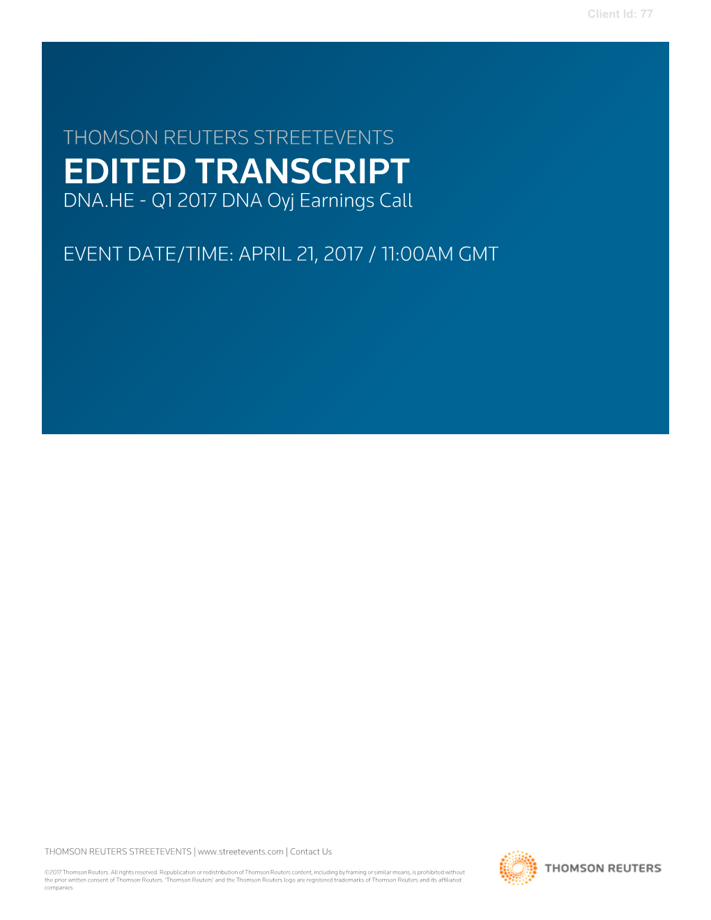 Q1 2017 DNA Oyj Earnings Call on April 21, 2017 / 11:00AM