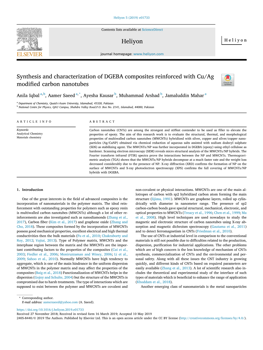 Synthesis and Characterization of DGEBA Composites Reinforced with Cu/Ag Modiﬁed Carbon Nanotubes