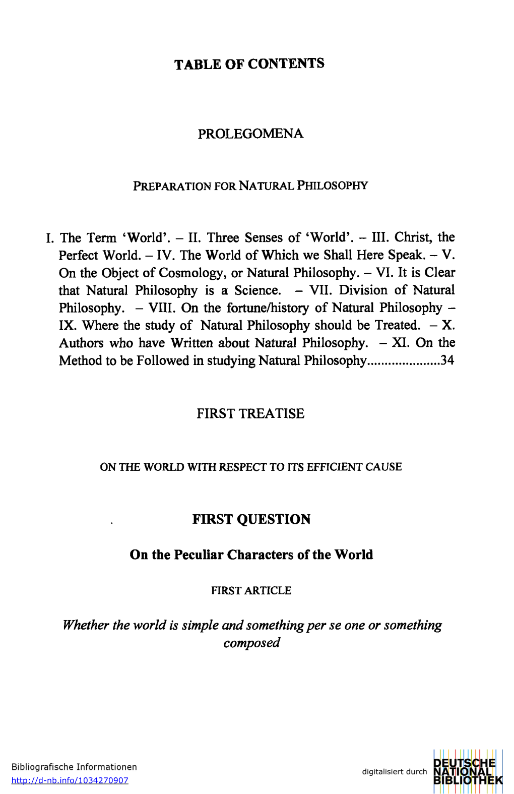 TABLE of CONTENTS PROLEGOMENA I. the Term 'World'