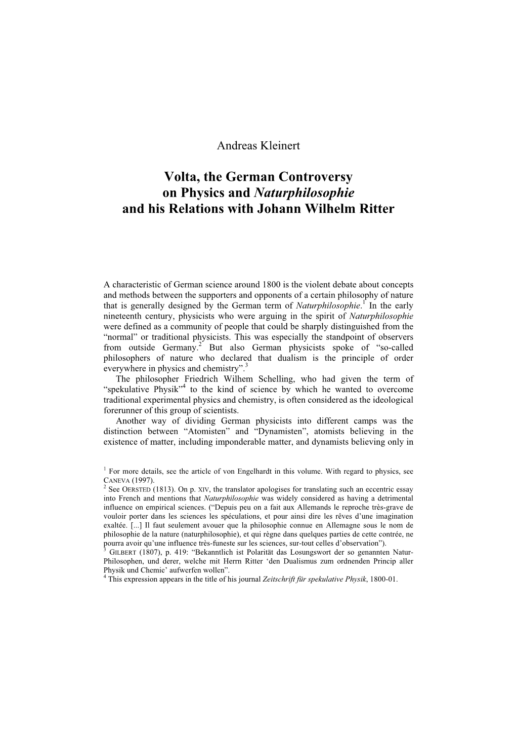 Volta, the German Controversy on Physics and Naturphilosophie and His Relations with Johann Wilhelm Ritter