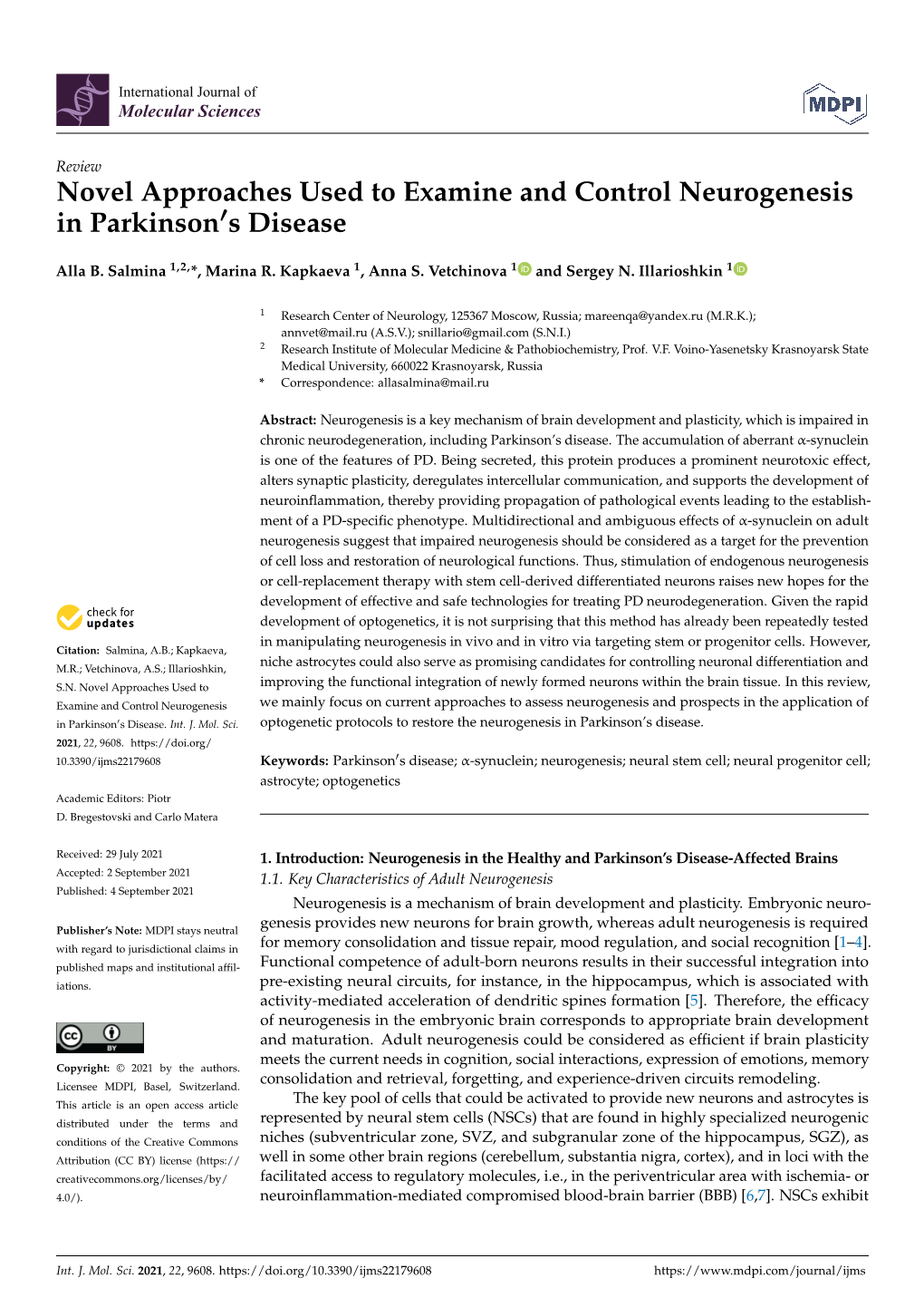 Novel Approaches Used to Examine and Control Neurogenesis in Parkinson0s Disease