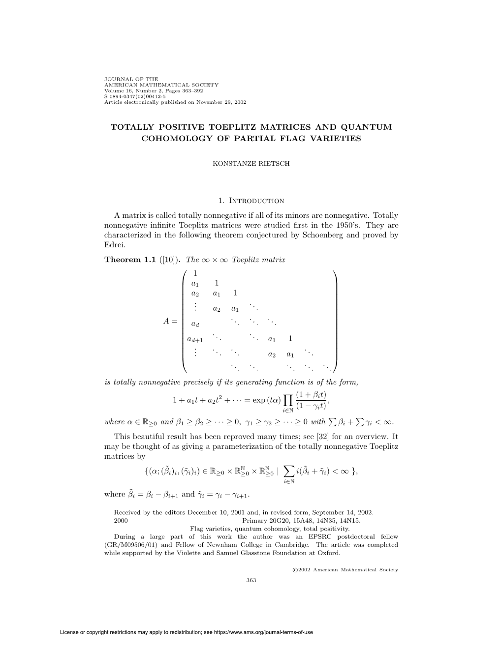 Totally Positive Toeplitz Matrices and Quantum Cohomology of Partial Flag Varieties