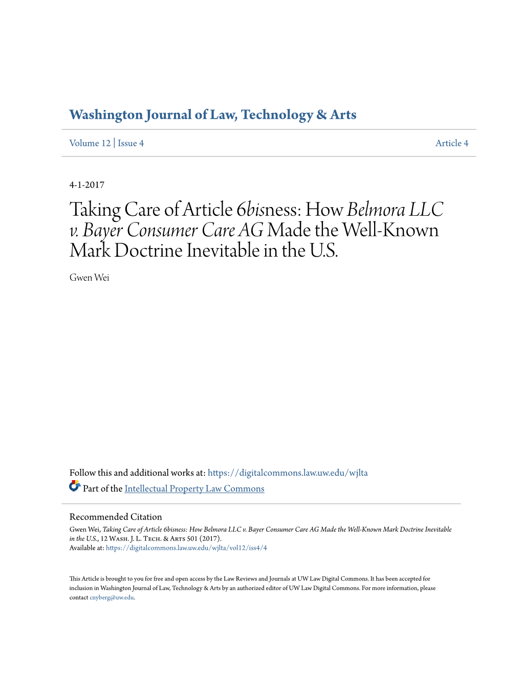 Taking Care of Article 6Bisness: How Belmora LLC V. Bayer Consumer Care AG Made the Well-Known Mark Doctrine Inevitable in the U.S