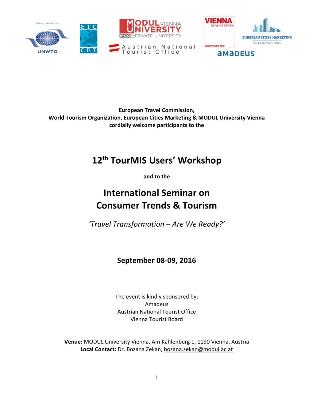 12Th Tourmis Users' Workshop International Seminar on Consumer