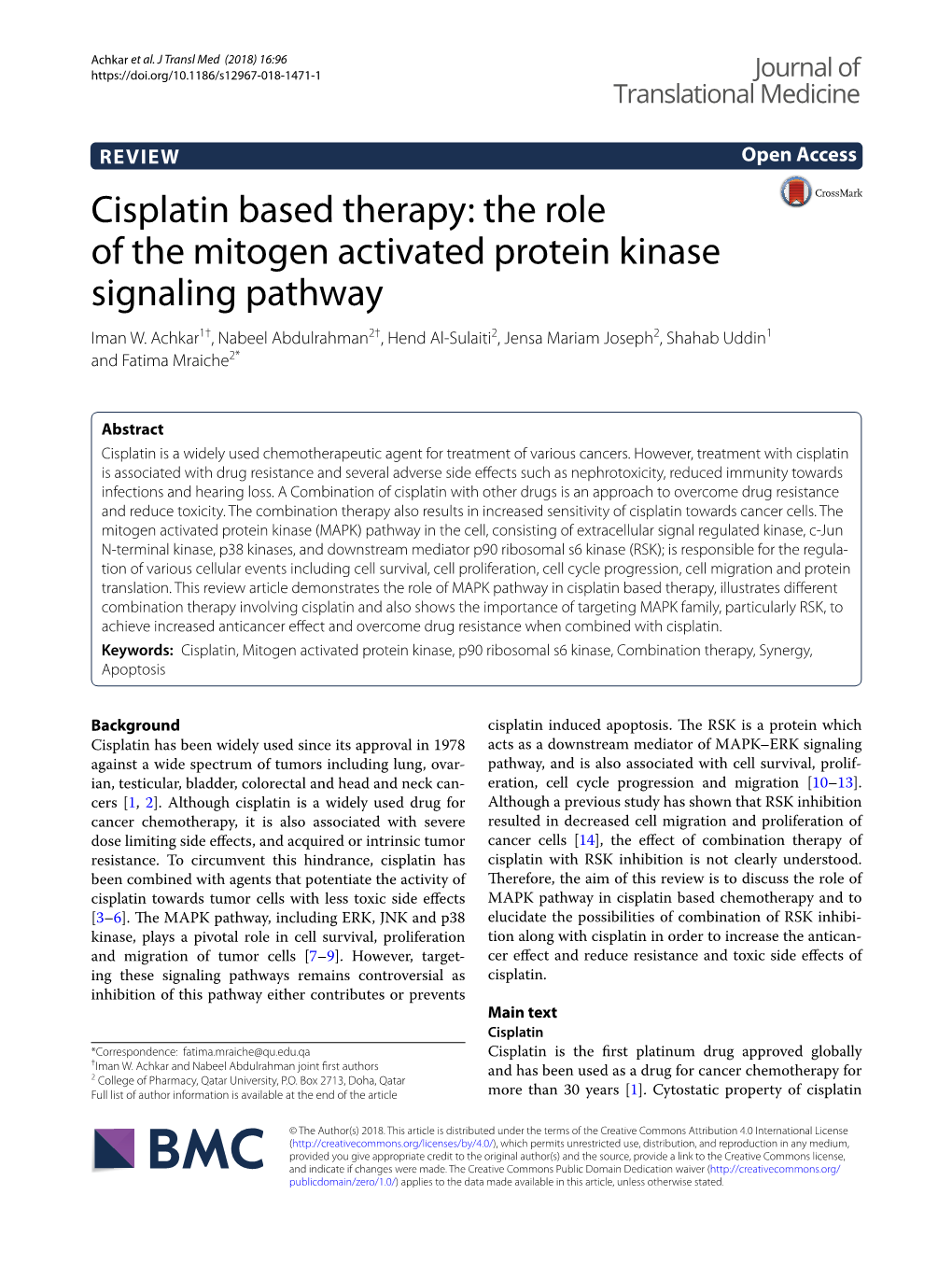 Cisplatin Based Therapy: the Role of the Mitogen Activated Protein Kinase Signaling Pathway Iman W