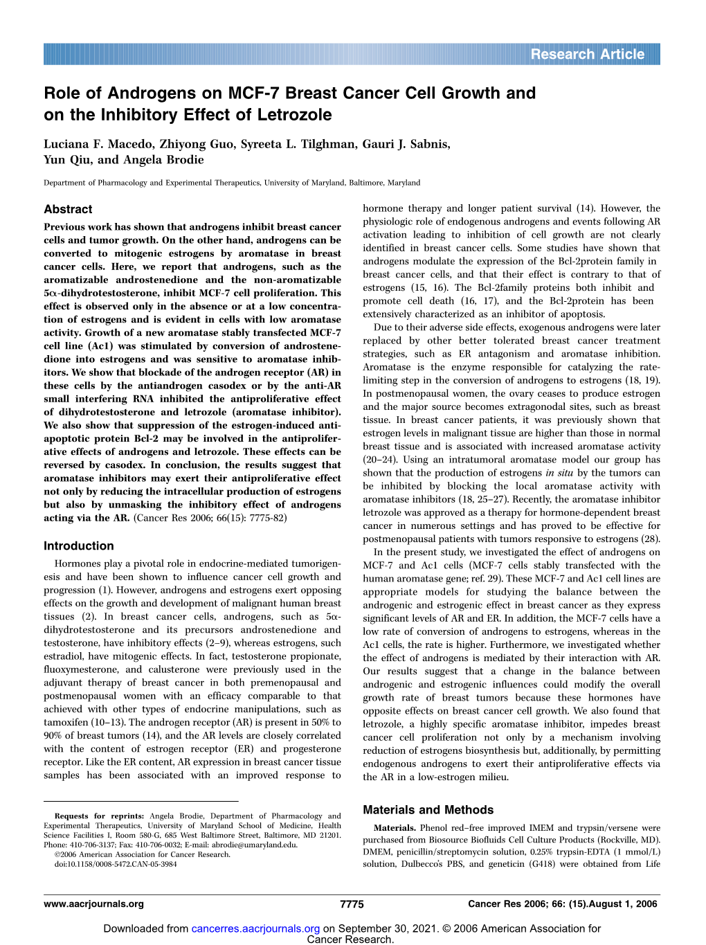 Role of Androgens on MCF-7 Breast Cancer Cell Growth and on the Inhibitory Effect of Letrozole