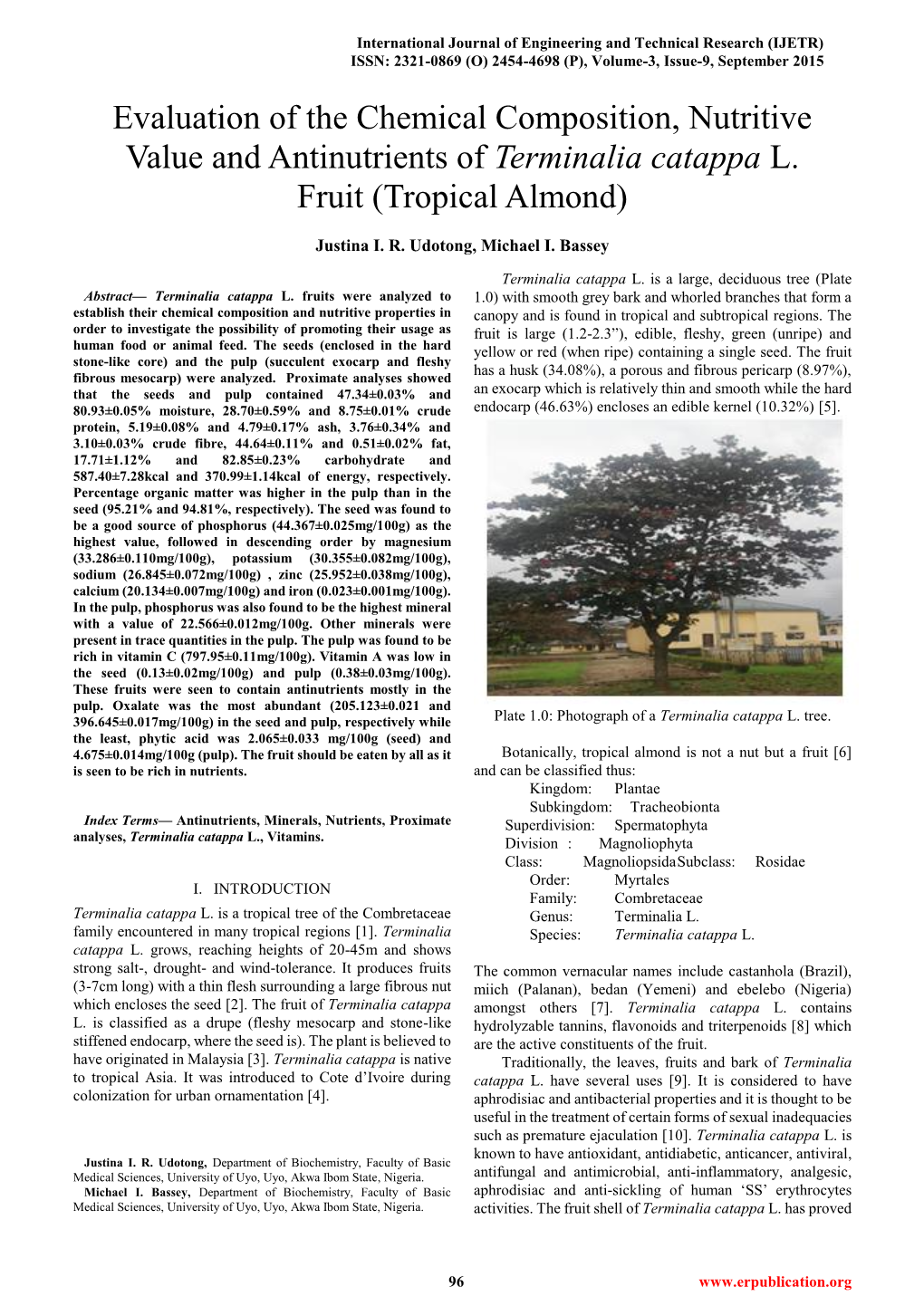 Evaluation of the Chemical Composition, Nutritive Value and Antinutrients of Terminalia Catappa L